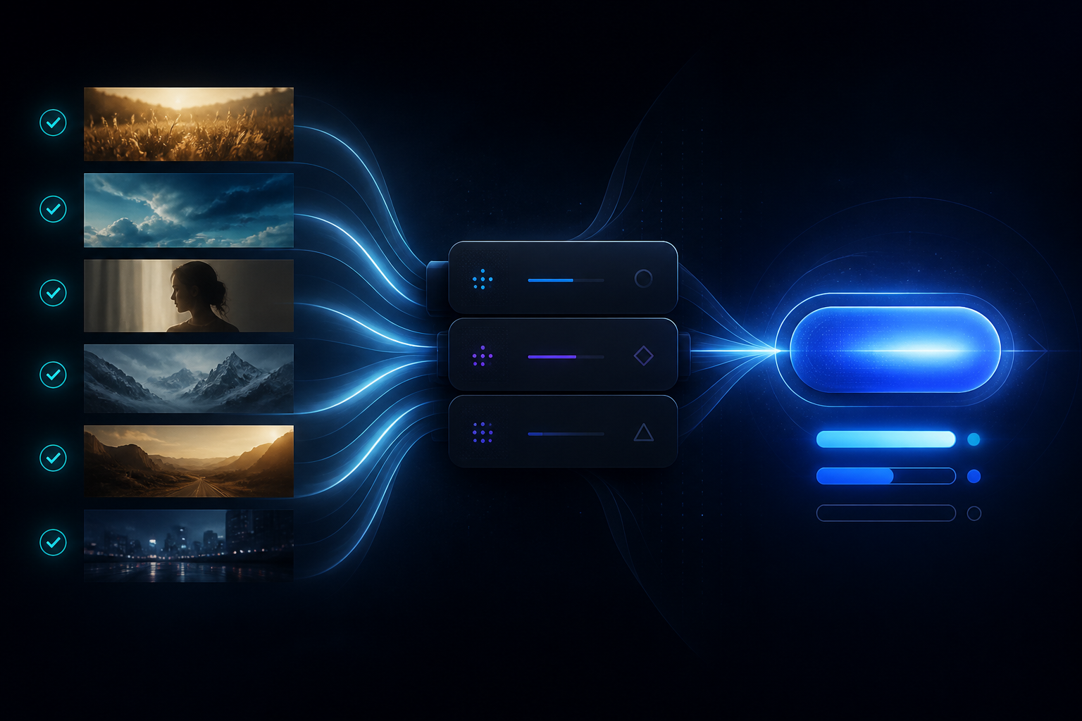 Concept: Ready clips flowing into a render queue and serial Process jobs