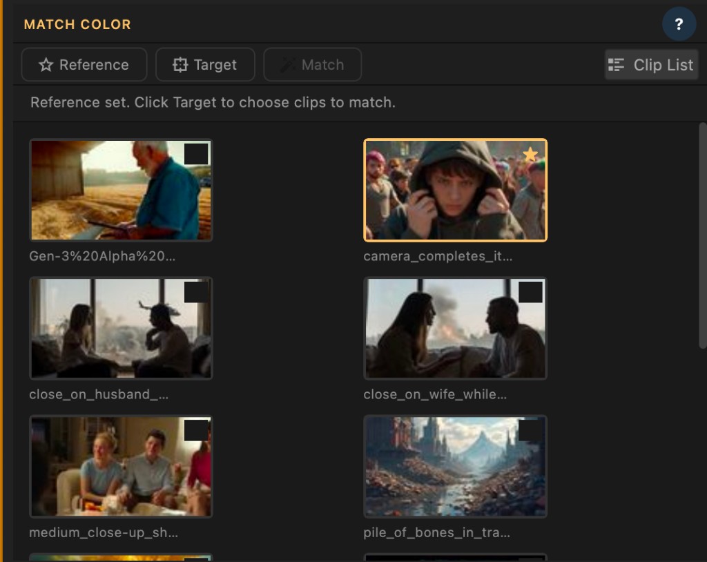 Match Color: reference clip starred with orange border