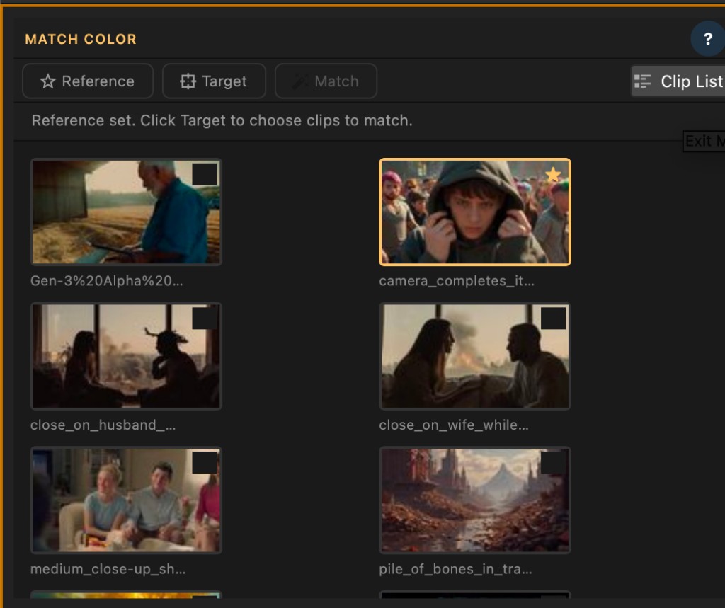 Match Color: after Match — target clips color-matched to the reference