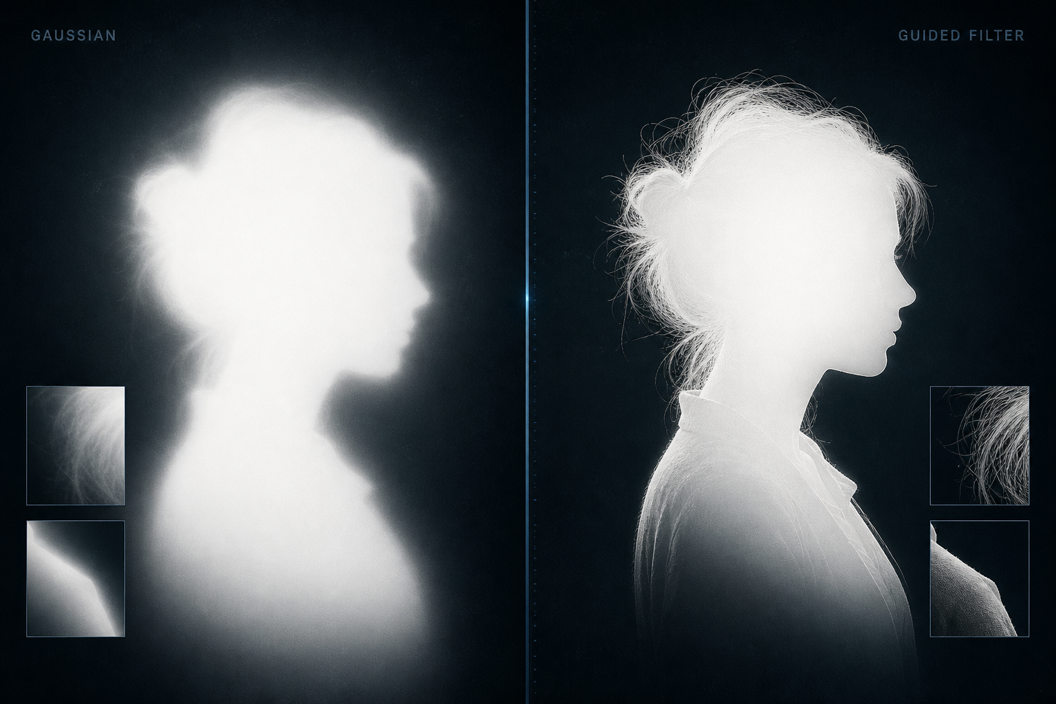 Side-by-side concept: Gaussian matte haze vs guided-filter feathering that clings to luminance edges