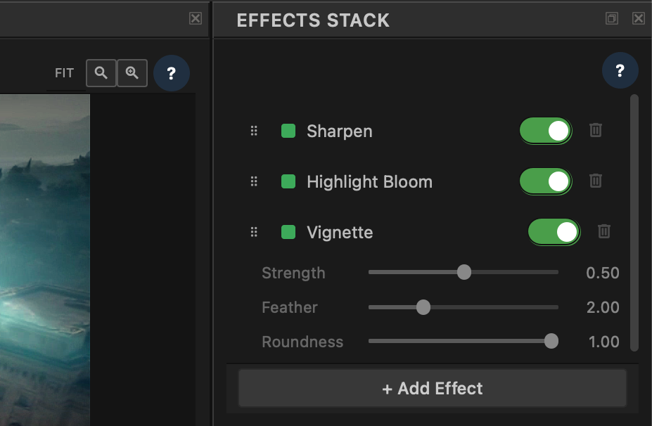 Transduce Effects Stack with reorderable effect cards including Sharpen, Highlight Bloom, and Vignette